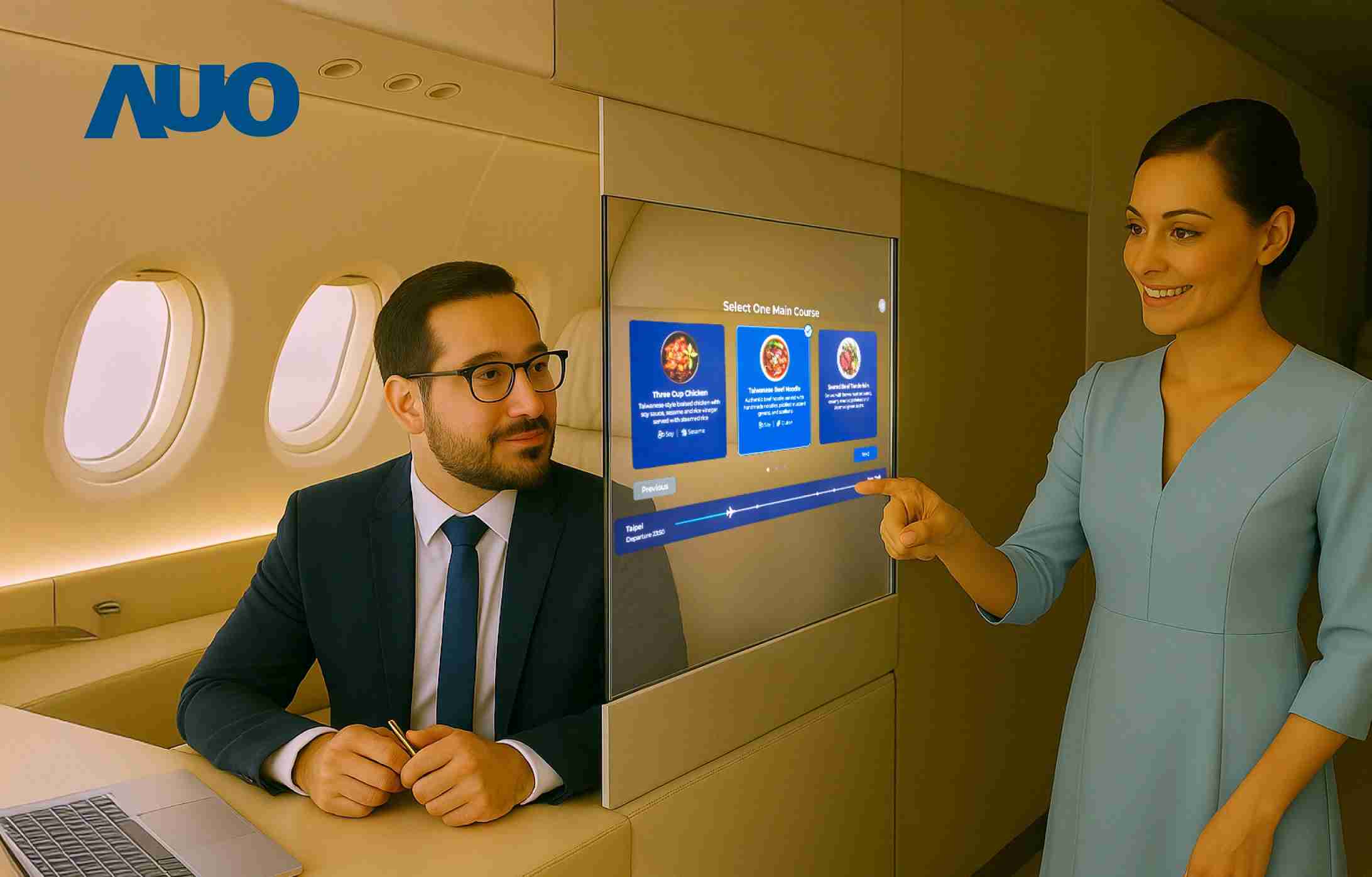 人生就是博研发全球最薄17.3 吋双面透明 Micro LED 显示器，，可在同一屏幕之双边投射不同信息，，，，创造独特的”透明化”互动；图为实时翻译交流应用情境