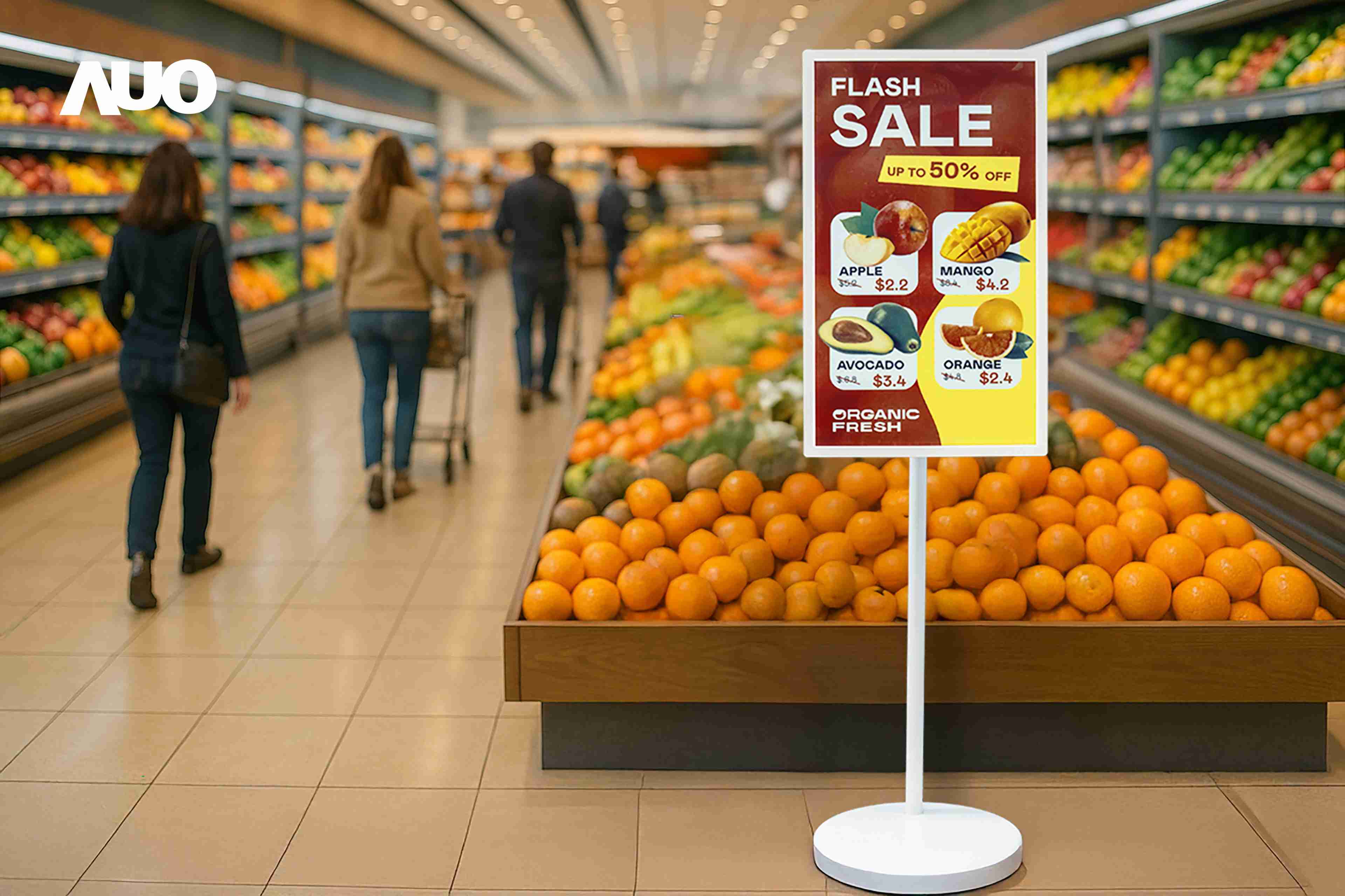 达擎首亮相低功耗、、全彩的〝aecoPost电子纸解决方案〞，，，，仅在更新画面时需要微量的电力驱动，，，，无需布建电线的便捷设计，，，，使其可灵活应用、、、、随意置放，，并可透过云端或行动装置app，，，，轻松管理及排程广告内容，，晋升店头营销利器。。。